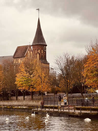 Historic Fisherman's Village architecture along the Pregolya River in Kaliningrad
