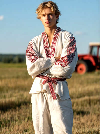 Russian country man near a wooden hut, traditional rural life