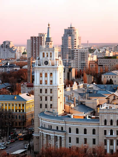 Panoramic view of Voronezh city skyline with the Voronezh River and modern architecture