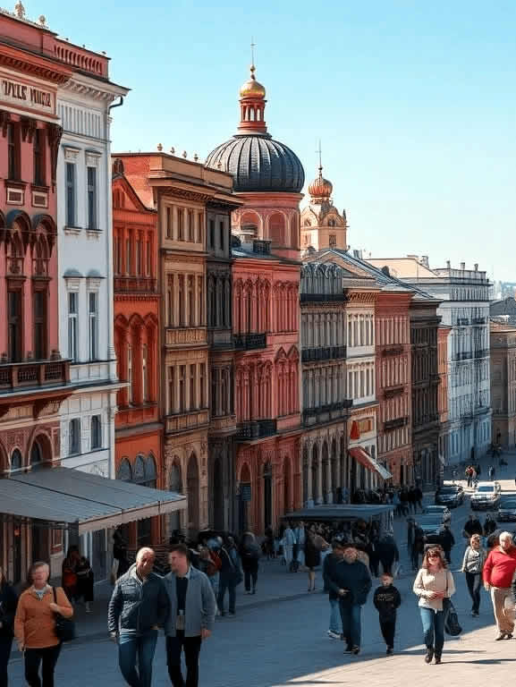 A sunny city street scene in Perm, Russia, featuring rows of colorful buildings